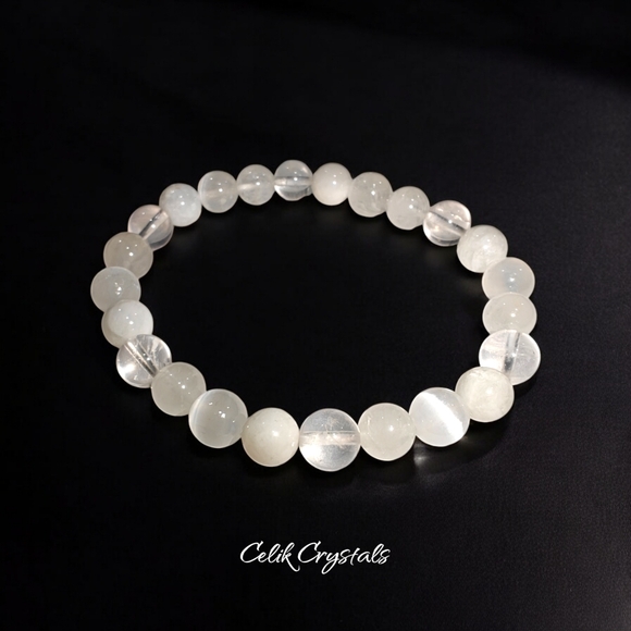 Moonstone, Selenite, Quartz Bracelet Natural Stones 8mm Unisex Stretch Crystal - Picture 2 of 4